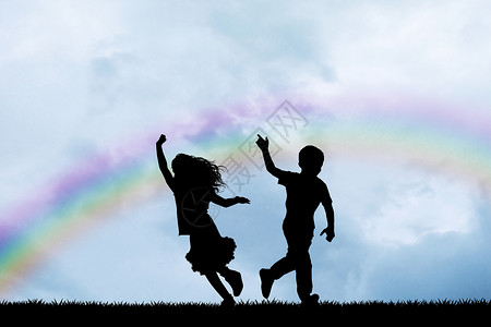 在彩虹中的孩子天空插图女孩跑步日落天气孩子们男生快乐背景图片