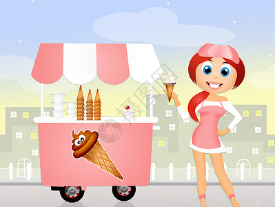 冰淇淋小贩卖冰淇淋的女孩巧克力小贩午休杯子奶油时间插图休息锥体粉色背景