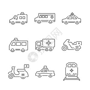 医疗车线图标医疗救护车汽车和火车设置图标插画