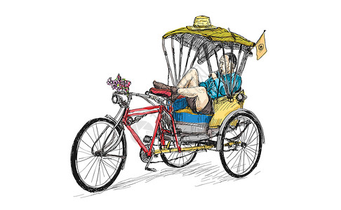 泰国特色三轮车老比克和三轮车自行车人躺下睡觉等自由场景插图草图轮子出租车旅行绘画街道艺术设计图片