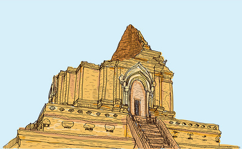 普塔兰素描旧寺宝塔在旅游纪念碑旅行佛教徒文化天空历史明信片遗产建筑插画