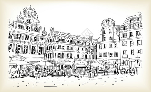波兰城市波兰市中心 vecto 的城市景观素描草图街道风格旅行村庄白色墨水插图建筑店铺插画