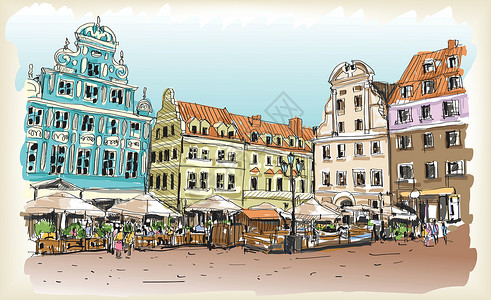 波兰城市波兰市中心 vecto 的城市景观素描食物黑色村庄风格房子插图墨水建筑草图白色插画