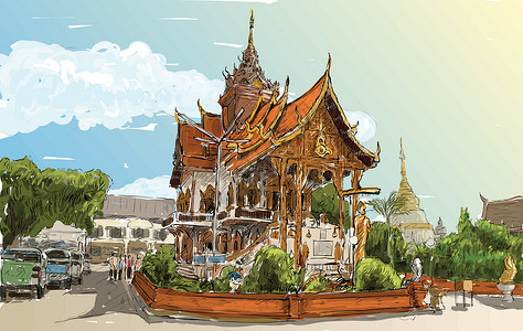 曼谷寺庙泰国城市景观草图展示亚洲风格的寺庙空间佛教徒宗教天空绘画艺术宝塔遗产文化历史素描插画