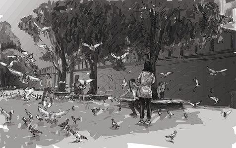 树和鸽子素材泰国清迈素描城市景观秀门塔佩安自由旅行插图艺术草图绘画文化鸟类市中心公共场所设计图片