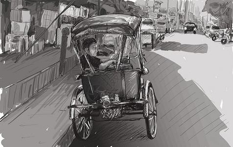 清迈宁曼路泰国清迈素描城市景观展示当地三轮车旅游旅行插图服务草图文化绘画车辆出租车自行车设计图片