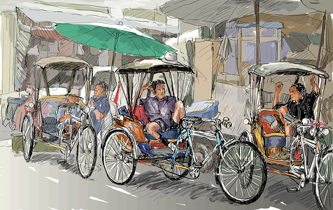 泰国特色三轮车泰国清迈素描城市景观展示当地三轮车出租车自行车文化明信片街道草图运输旅游服务车辆设计图片