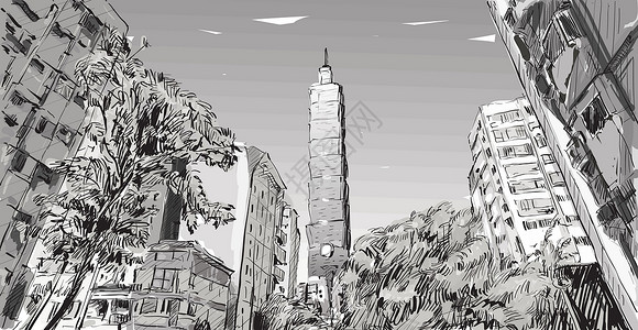 黑白街景台湾台北市城市景观草图展示城市街景地标建筑场景旅行商业办公室摩天大楼卡通片墨水游客设计图片