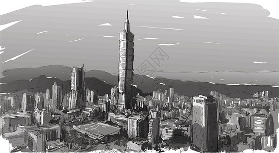 台北咸酥鸡城市景观草图展示台湾台北建筑的城市景观墨水旅行绘画卡通片商业天空办公室场景地标游客设计图片