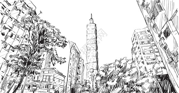 台湾台北市城市景观草图展示城市街景地标卡通片场景墨水建筑学办公室商业天空建筑绘画设计图片