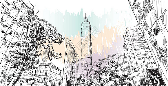 黑白街景台湾台北市城市景观草图展示城市街景建筑学建筑卡通片办公室摩天大楼绘画天空游客商业墨水设计图片
