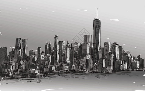 城市景观素描在纽约展示曼哈顿中城与天空卡通片插图蓝色摩天大楼反射地标绘画天际都市办公室插画