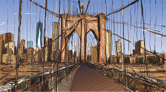 布鲁克林桥城市景观素描在纽约展示布鲁克林大桥和建筑插图旅行旅游绘画卡通片场景市中心天空摩天大楼商业插画