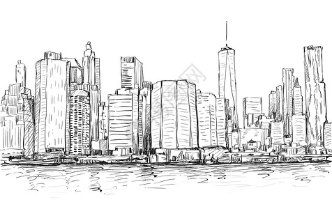 城市景观素描在纽约展示曼哈顿中城与天空草图插图绘画天际办公室都市全景蓝色旅行摩天大楼插画