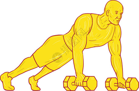 健身运动员俯卧撑哑铃绘图身体素质重量男人肌肉健美运动艺术品手工画线男性插画