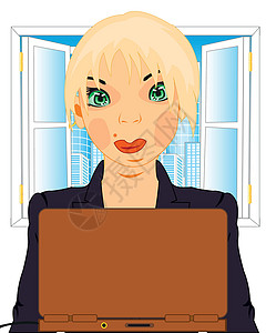办公室里的女孩白色背景电脑套装工作女士窗户插图建筑物绝缘背景图片