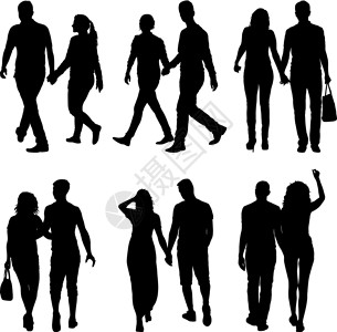 绅士剪影设置剪影男人和女人手拉手走路插图男生性别婚姻职员男性夫妻家庭黑色身体插画