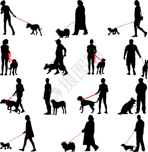 罗兹狗设置人和狗的轮廓 它制作图案矢量剪贴女士猎人动物友谊黑色猎犬宠物小狗训练插画