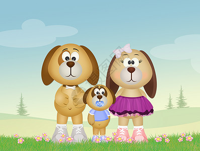 养狗的家庭宠物动物快乐插图草地耦合小狗背景图片