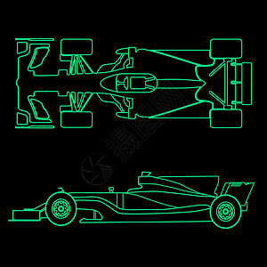 黑绿公式车 直线灯光双影轮廓 在黑色背景上隔离的赛车 顶部视图和侧面视图 矢量插图插画