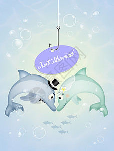 相爱的海豚情侣海洋夫妻配偶婚姻快乐插图动物新娘明信片庆典背景图片