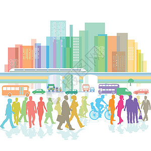 环城水系有行人和道路交通的大城市插画