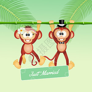 猴子的婚礼丛林卡通片婚姻明信片夫妻耦合森林竹子插图庆典背景图片