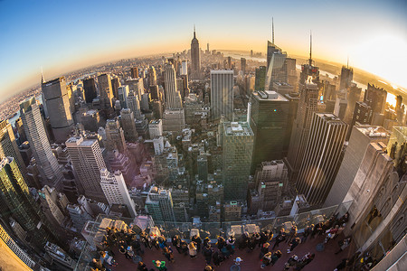 纽约市曼哈顿日落时的天线旅行天空建筑学景观地标市中心场景城市游客鱼眼图片
