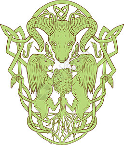 伊科大角羊狮子树纹章凯尔特诺编织狮子艺术品插图辫子视觉野生动物波峰设计动物插画