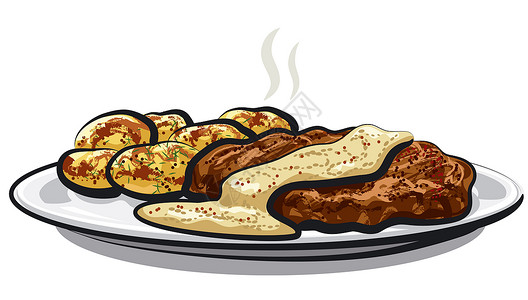 土豆肉白色食物盘子沙拉牛肉蔬菜牛扒午餐猪肉插图背景图片