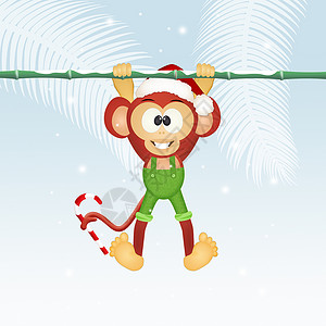 圣诞快乐的猴子灵长类问候语森林丛林竹子明信片庆典动物哺乳动物插图背景图片
