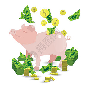 猪块肉有一堆金币的猪粉色存钱罐金子财富硬币插图预算现金阴影哺乳动物商业猪肉设计图片
