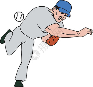 投手弹球球员打球手扔球卡通艺术品棒球刮板手套运动野手手工墨水插图手绘插画