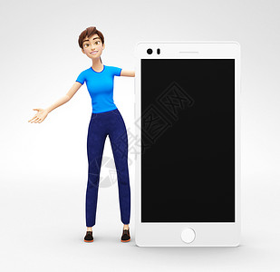 3D Characte 持有空白屏幕的手机样机背景图片