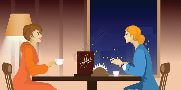 酒店聊天素材两个女人在咖啡馆里聊天插画