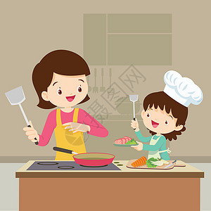 女儿和妈妈一起做饭房子孩子们孩子男生火炉教学卡通片家庭食物女性背景图片