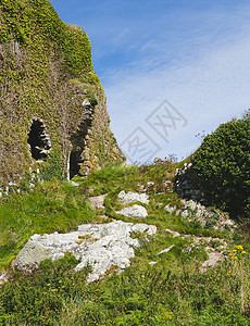 爱尔兰绿草地中的城堡的废墟高清图片