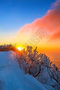 南韩冬雪覆盖的登峰造极山上顶峰全景爬坡季节旅行童话天空森林假期风景背景图片
