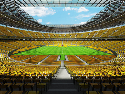有黄色位子和VIP boxe的大美丽的现代足球场会场玻璃场地草皮盒子锦标赛座位体育场横杆椅子背景图片