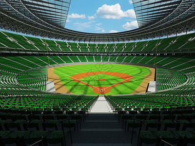 打点拥有绿色座椅和贵宾箱的大型美丽现代棒球场游戏竞赛网格体育场娱乐天空棒球蓝色草皮场地背景