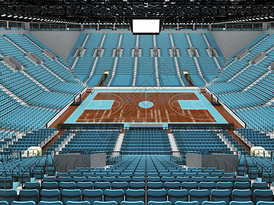 nba季后赛美丽的现代篮球赛场 配有天空蓝色座位和贵宾箱盒子会场锦标赛体育场轮缘光灯长椅玻璃法庭团队背景