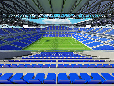 有蓝色位子和VIP boxe的大美丽的现代足球场看台游戏邮政场地网格椅子沥青横杆体育场贵宾背景图片