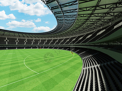 美丽的现代圆形澳式足球场 设有黑色座椅和贵宾包厢游戏蓝色竞技场天空运动竞赛院子草皮盒子娱乐背景图片