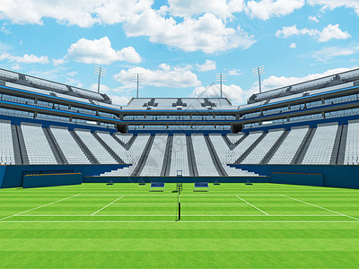美丽的现代网球场 有1万5千名粉丝的白座子网球锦标赛蓝色玩家比赛球拍服务行动出口竞赛背景图片