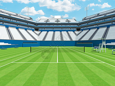 卡式炉座子美丽的现代网球场 有1万5千名粉丝的白座子体育场法庭蓝色光灯竞技场草地服务游戏出口行动背景
