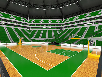 凯尔特人队美丽的现代体育赛场 为20 000名球迷提供配有贵宾箱和绿色座位的篮球篮球场团队游戏长椅会场花园光灯地标竞技场健身房协会背景