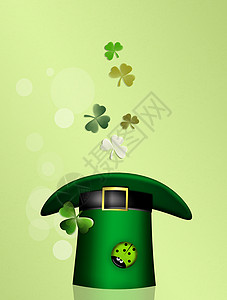 圣帕特里克帽子金子文化四叶绿色运气三叶草插图庆典背景图片