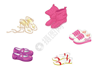 牛津鞋一套时髦的女鞋脚跟插图凉鞋橙子靴子雪地靴运动鞋平台薄荷紫色插画