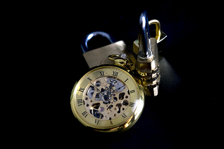 时间和安全概念的概念手表挂锁口袋黑色背景图片