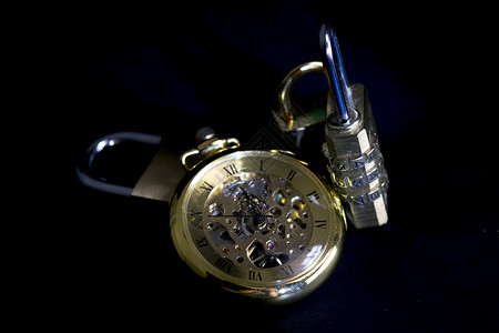 时间和安全概念的概念挂锁黑色手表口袋背景图片